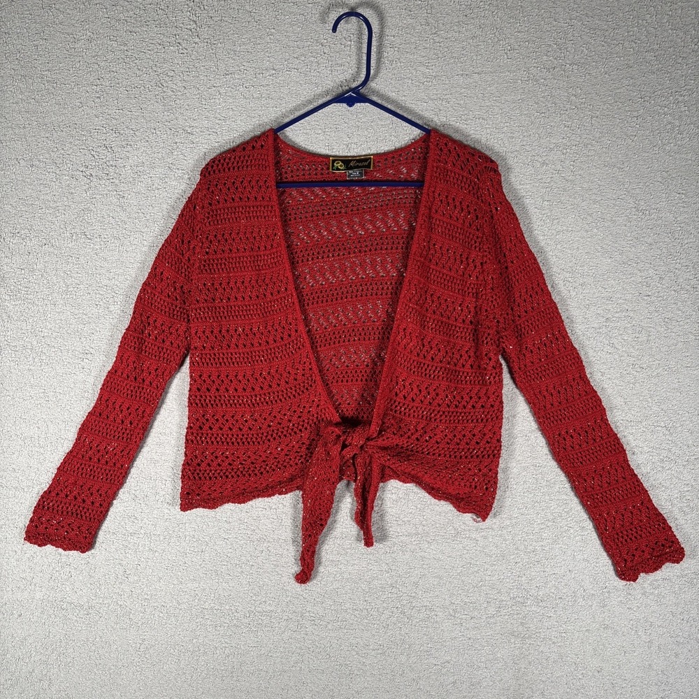Mirasol Red Metallic Open Knit Tie Front Cropped Cardigan Sweater Size M USA
